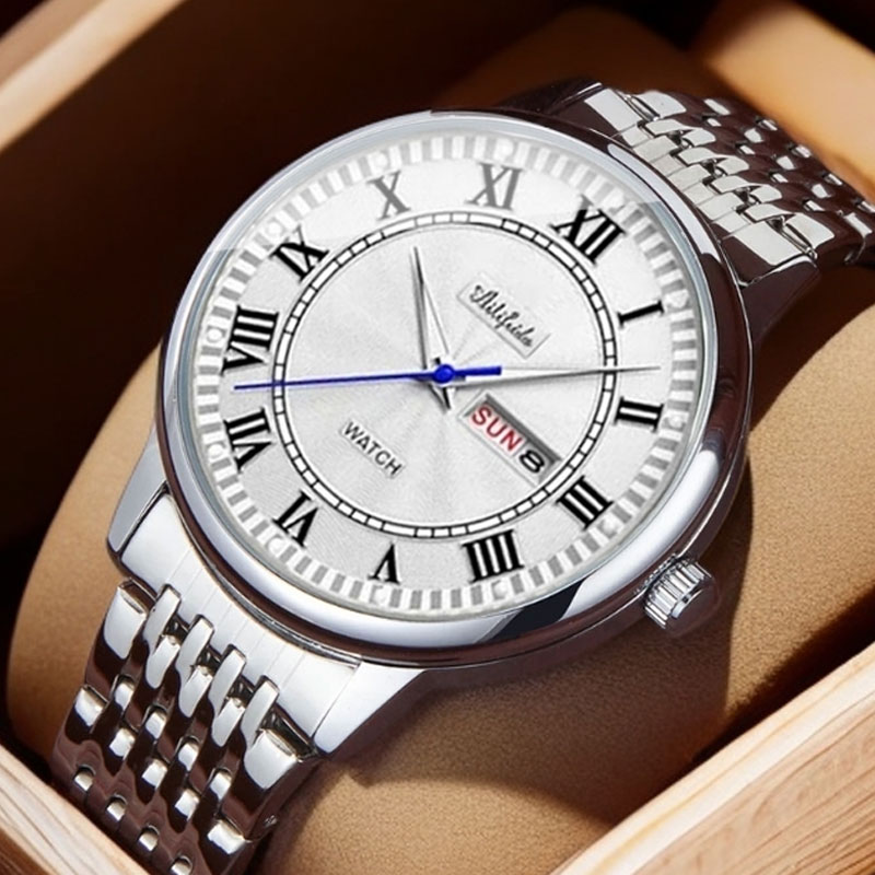 新款时尚高级感罗马圣殿夜光日历防水男士夜显精钢手表