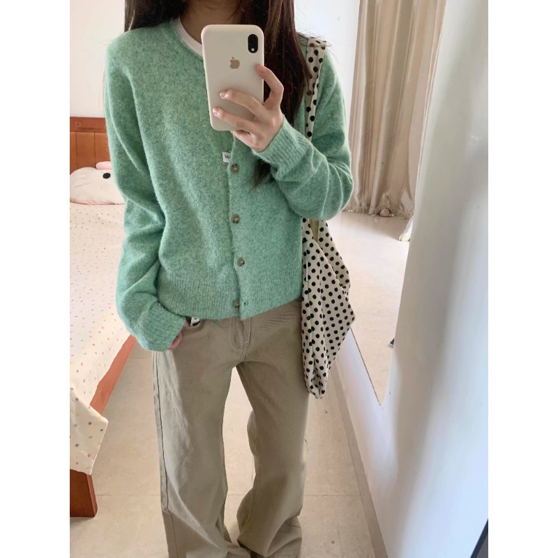 薄荷绿色软糯卷边针织开衫女秋冬季韩系小个子外搭短款毛衣小外套