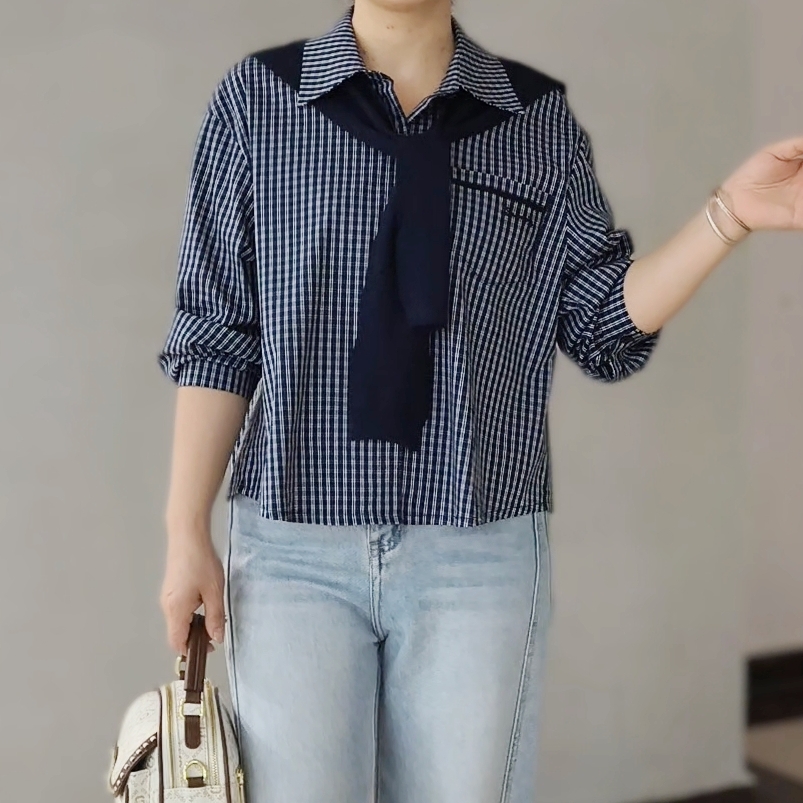 披肩印染薄款秋季透气衬衫POLO领外套翻领女装长袖时尚衬衣宽松