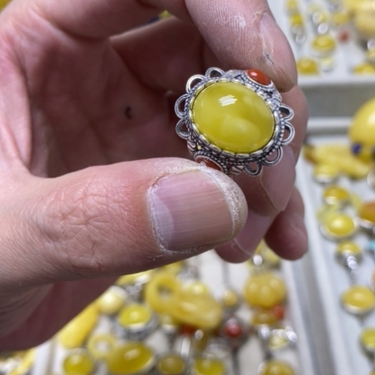 蜜蜡裸石银S925镶嵌戒指