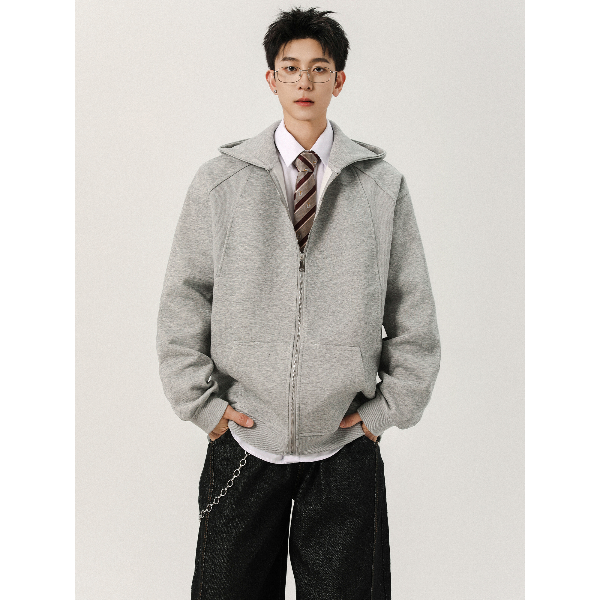 York Zoom秋季新款拉链开衫连帽卫衣男长袖结构拼接百搭宽松简约