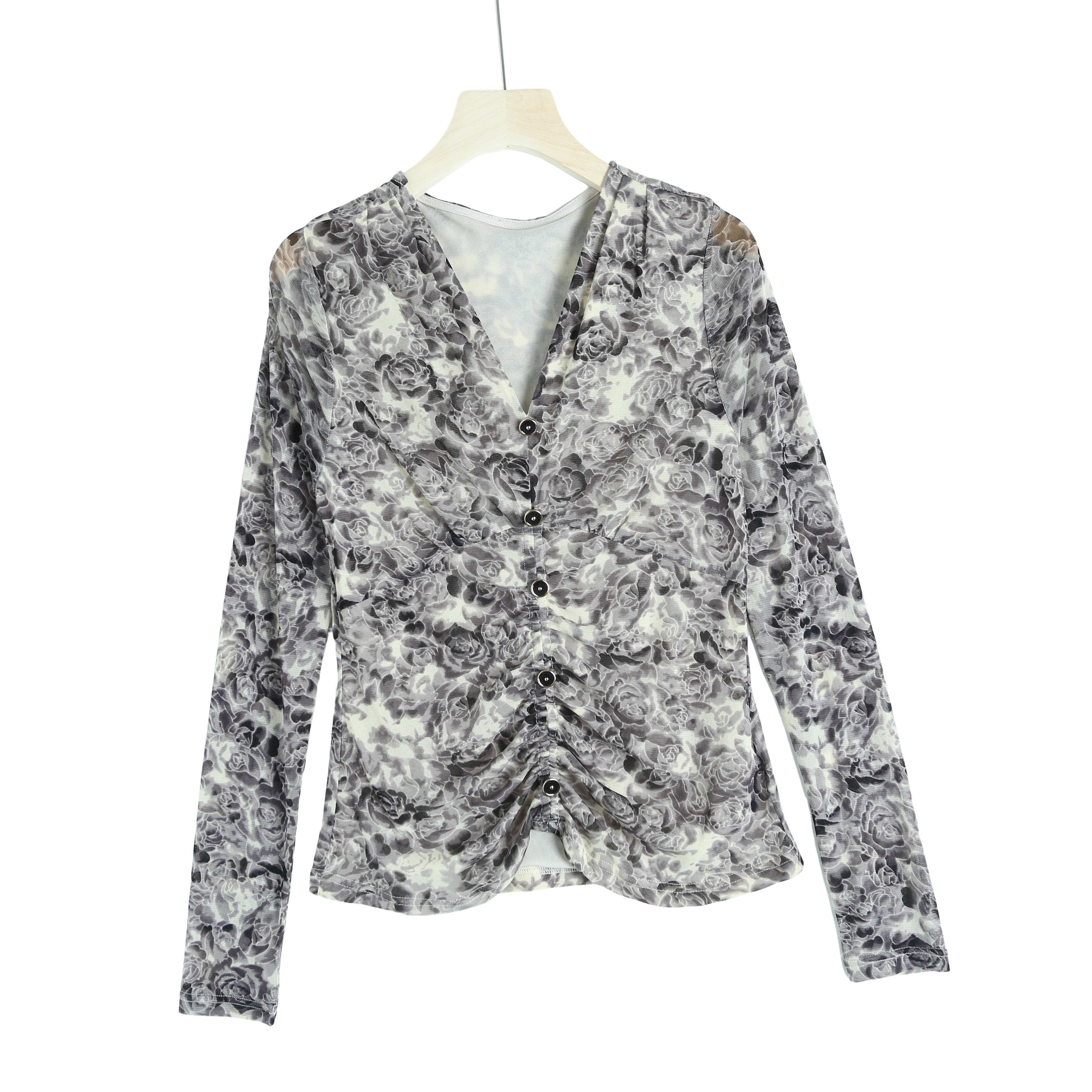 S0034复古印花网纱打底衫女春秋款高级感修身内搭洋气气质上衣