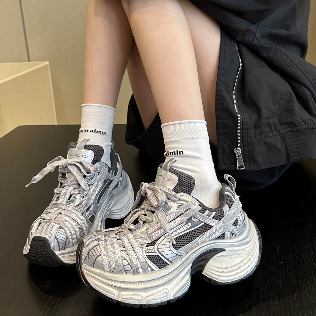 潮酷休闲运动大头登山增高小个子黑色ins户外厚底老爹鞋女DY202