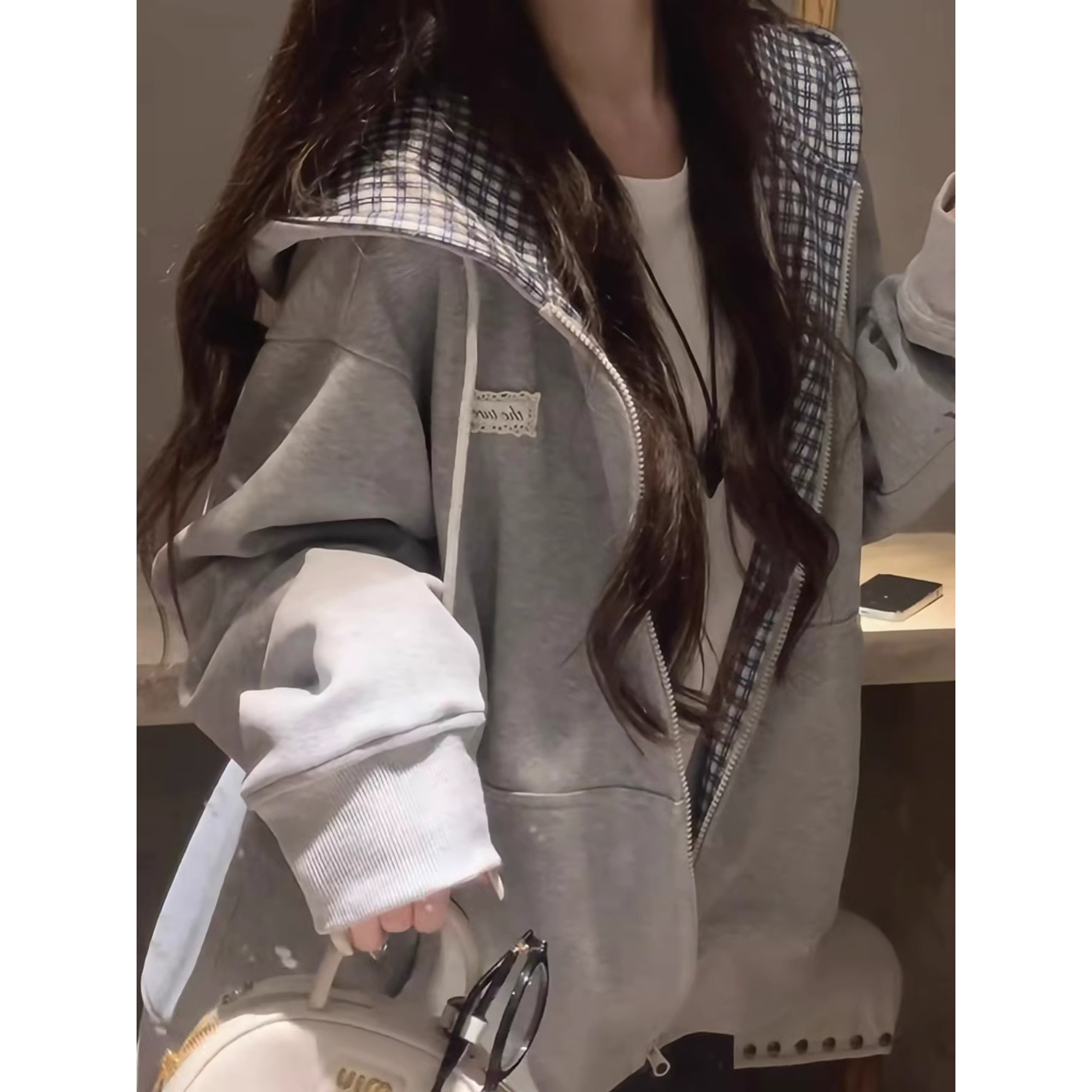 拼接格子长袖连帽卫衣女春秋美式复古宽松慵懒设计感小众百搭外套
