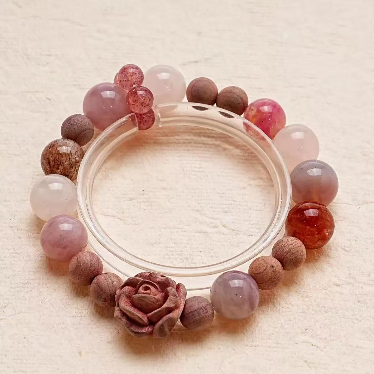 【干枯玫瑰】天然超七草莓晶樱花雨马粉胶花紫马粉血柏手串