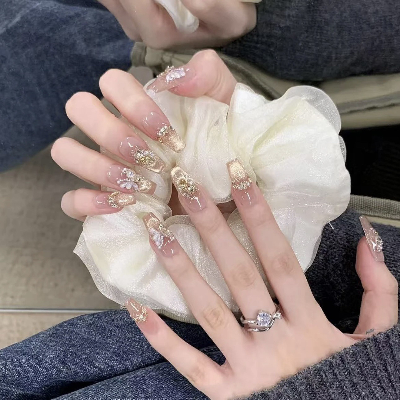 【烫金蝴蝶】温柔纯手工穿戴式光疗甲冰透渐变流行纯欲美甲爆闪气质