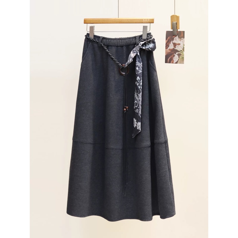 1769灰色毛呢半身裙女2025秋高腰显瘦a字百搭宽松休闲垂感中长裙