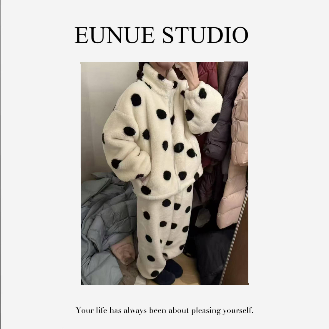 EUNUE-【软糯毛绒】慵懒风波点家居服套装