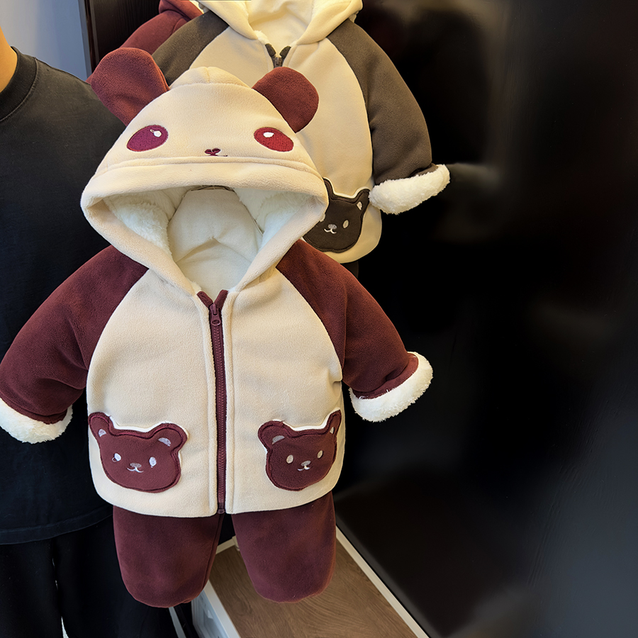 童装2025冬季新款四层加厚棉衣棉裤套装宝宝可爱小熊连帽家居服潮