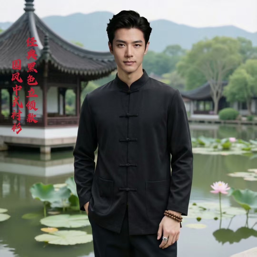 九吉多多中华立领男装纯手工盘扣长袖衬衫五粒手盘扣822119福利款