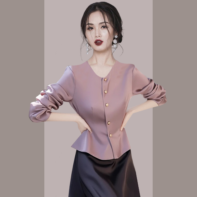 春季独特漂亮小衫韩系别致气质高级感超好看紫色缎面衬衫女