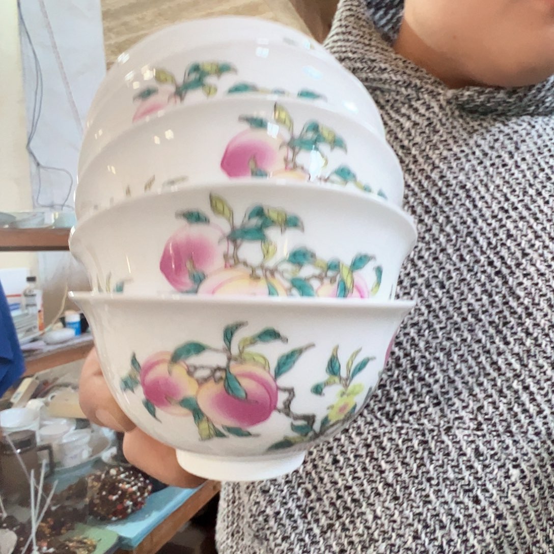 瓷景德镇高温陶瓷玉泥胎粉桃米饭碗6个