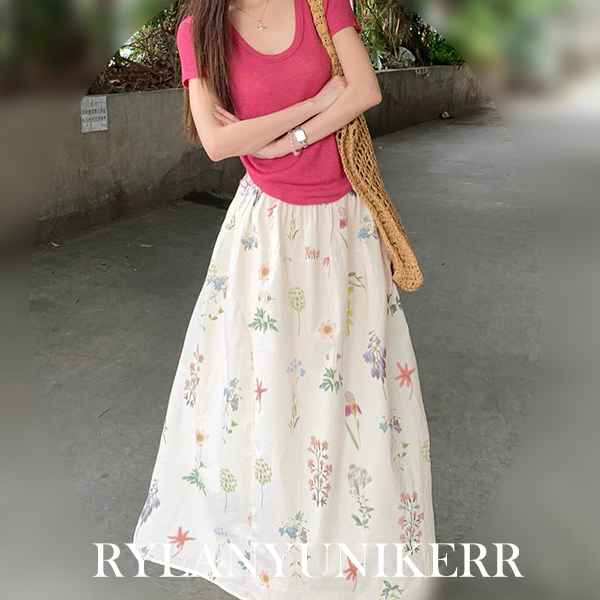 RYLAN树莓粉针织衫高腰显瘦碎花半身裙两件套