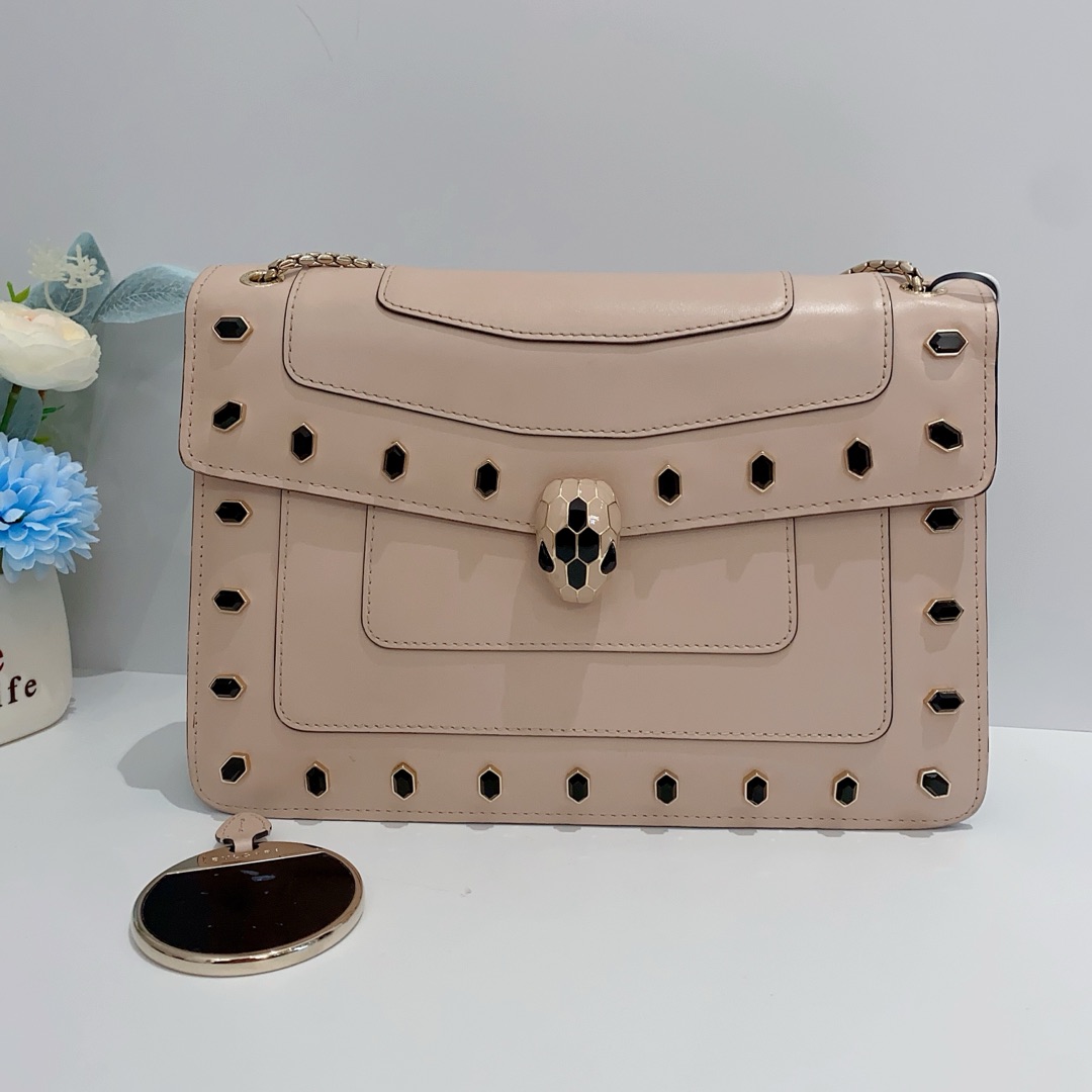 95新 BVLGARI/宝格丽 铆钉秀款蛇头包中号链条包单肩包16618266
