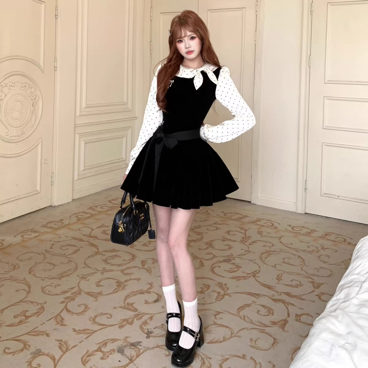 【含腰带】假两件千金风小黑裙收腰法式连衣裙女秋冬HY0198