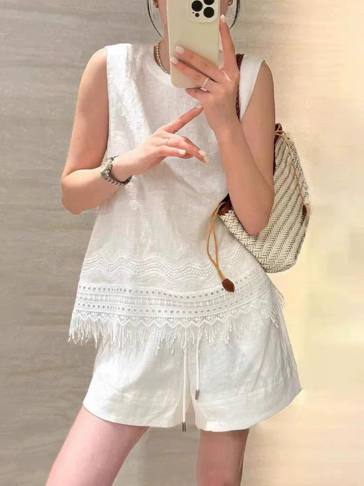 夏季新款流苏后开叉背心高腰短裤亚麻套装女