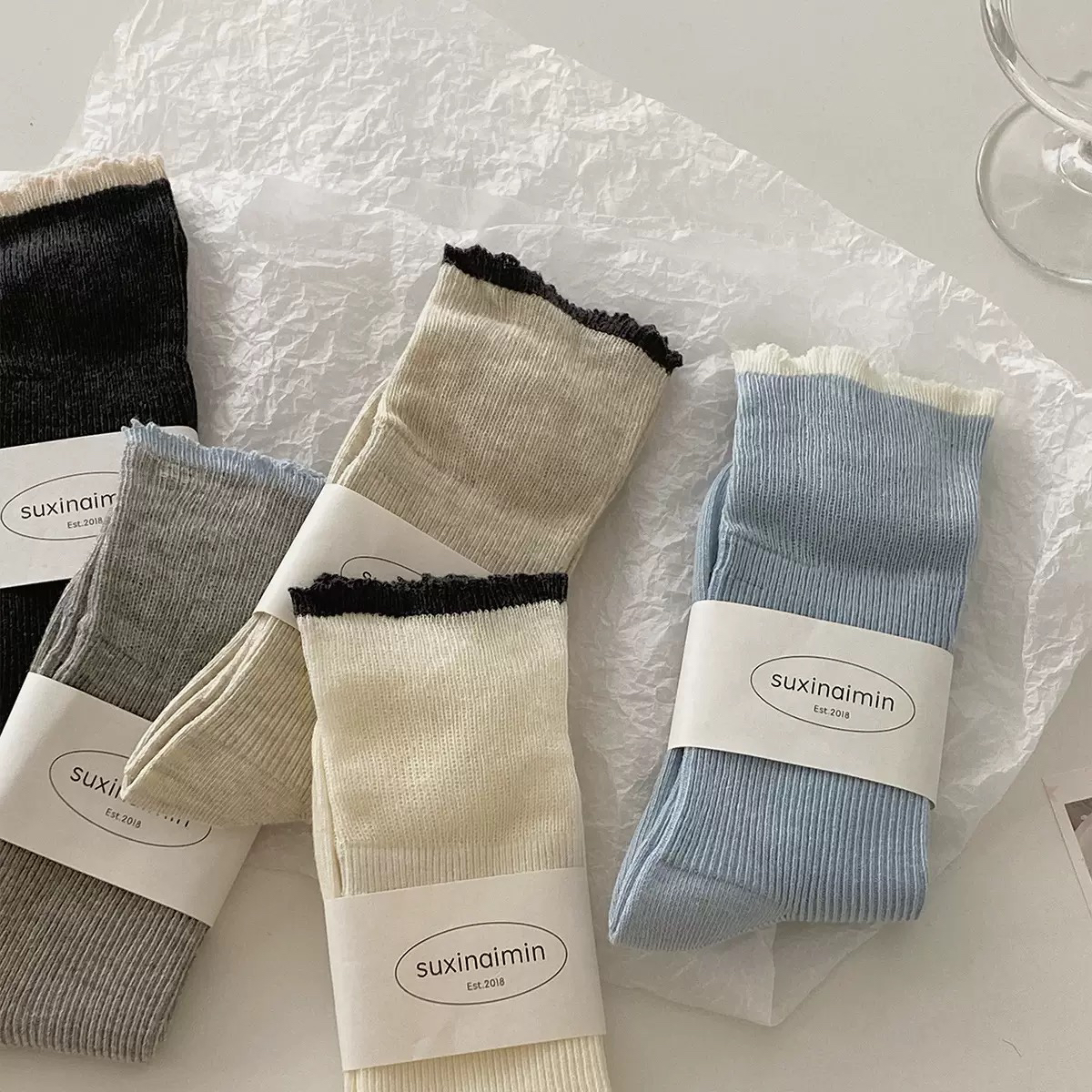 Ins韩国撞色中筒袜日系少女翻边袜