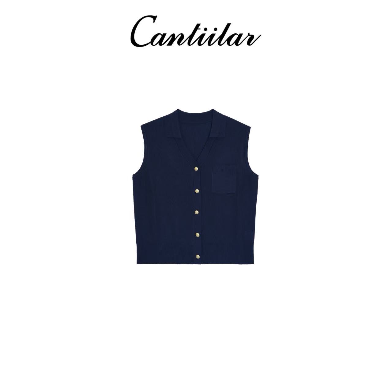 CANTIILAR 轻奢polo翻领刺绣针织无袖背心 BX1431