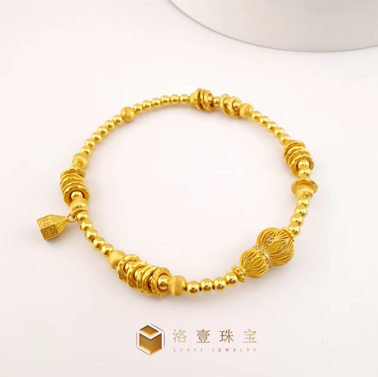 【洛壹珠宝】18K金光珠葫芦设计款手串称心如意单圈弹力绳款洛一