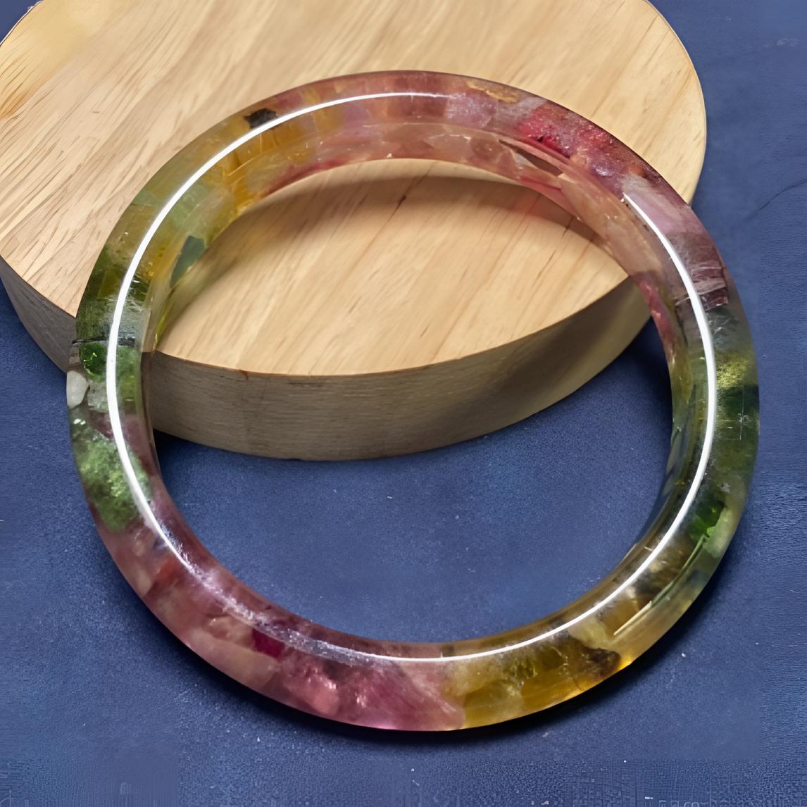 天然老矿碧玺晶体树脂包裹手镯彩虹碧玺手镯