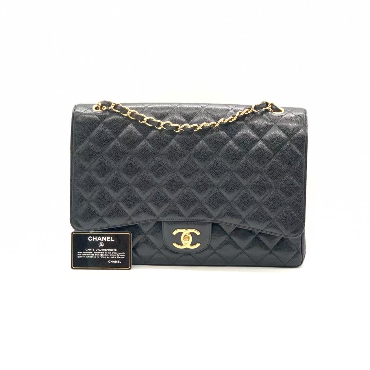 95新 Chanel/香奈儿 黑金荔枝牛maxi口盖包/14开