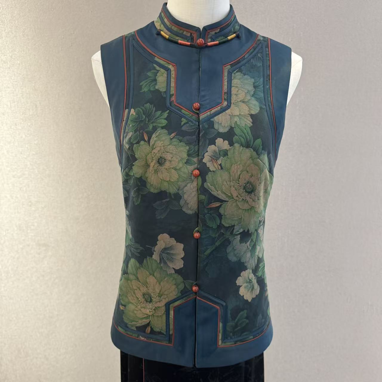 S357-1M弹力蓝绿牡丹马甲