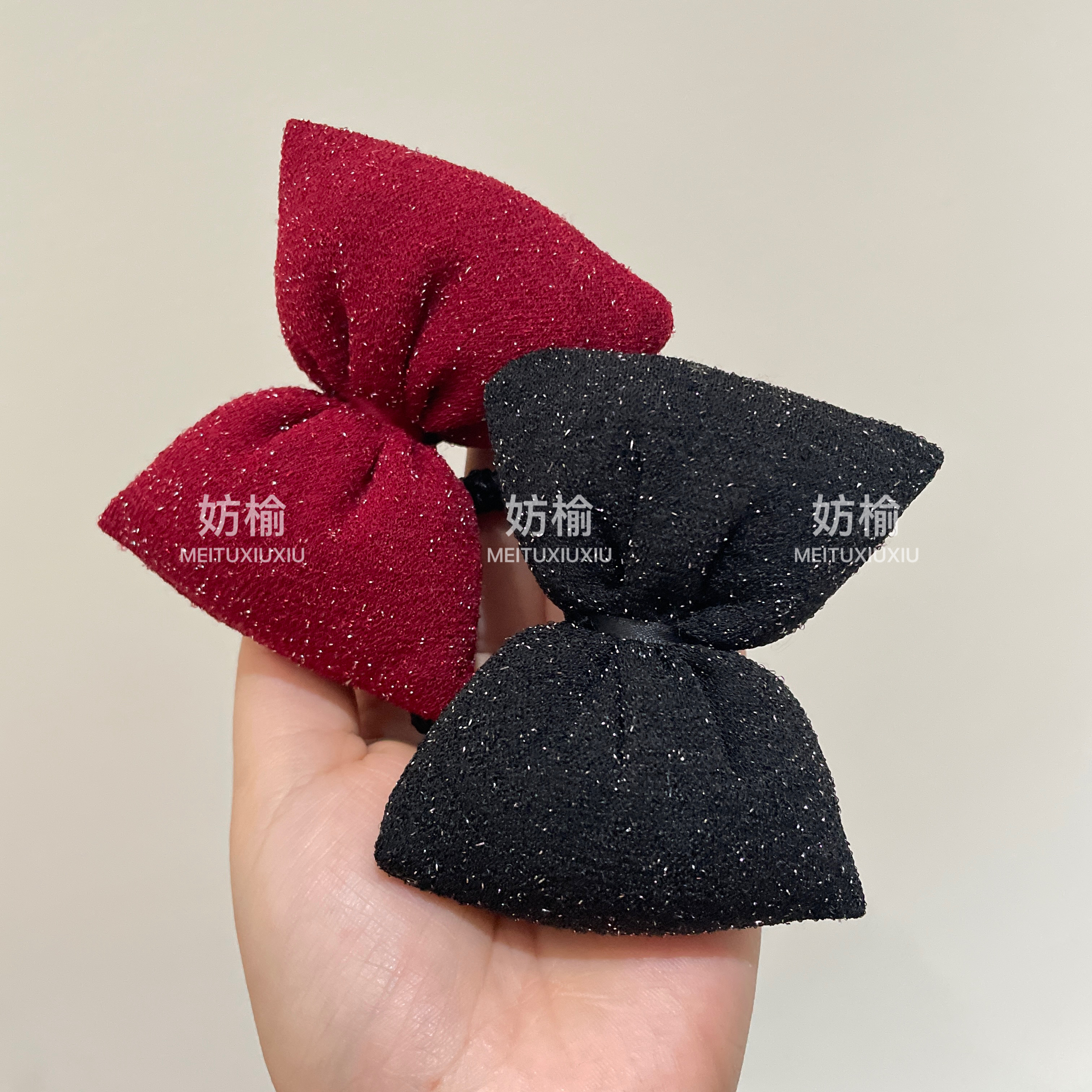 FS021秋冬复古细闪丝绒蝴蝶结发绳精致女后脑勺马尾发圈纯手工