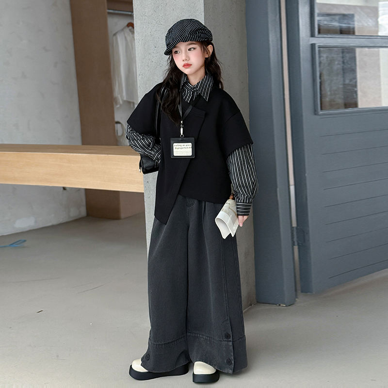 女童春秋款套装2025新款中大童洋气时髦韩系假两件衬衫秋装两件套