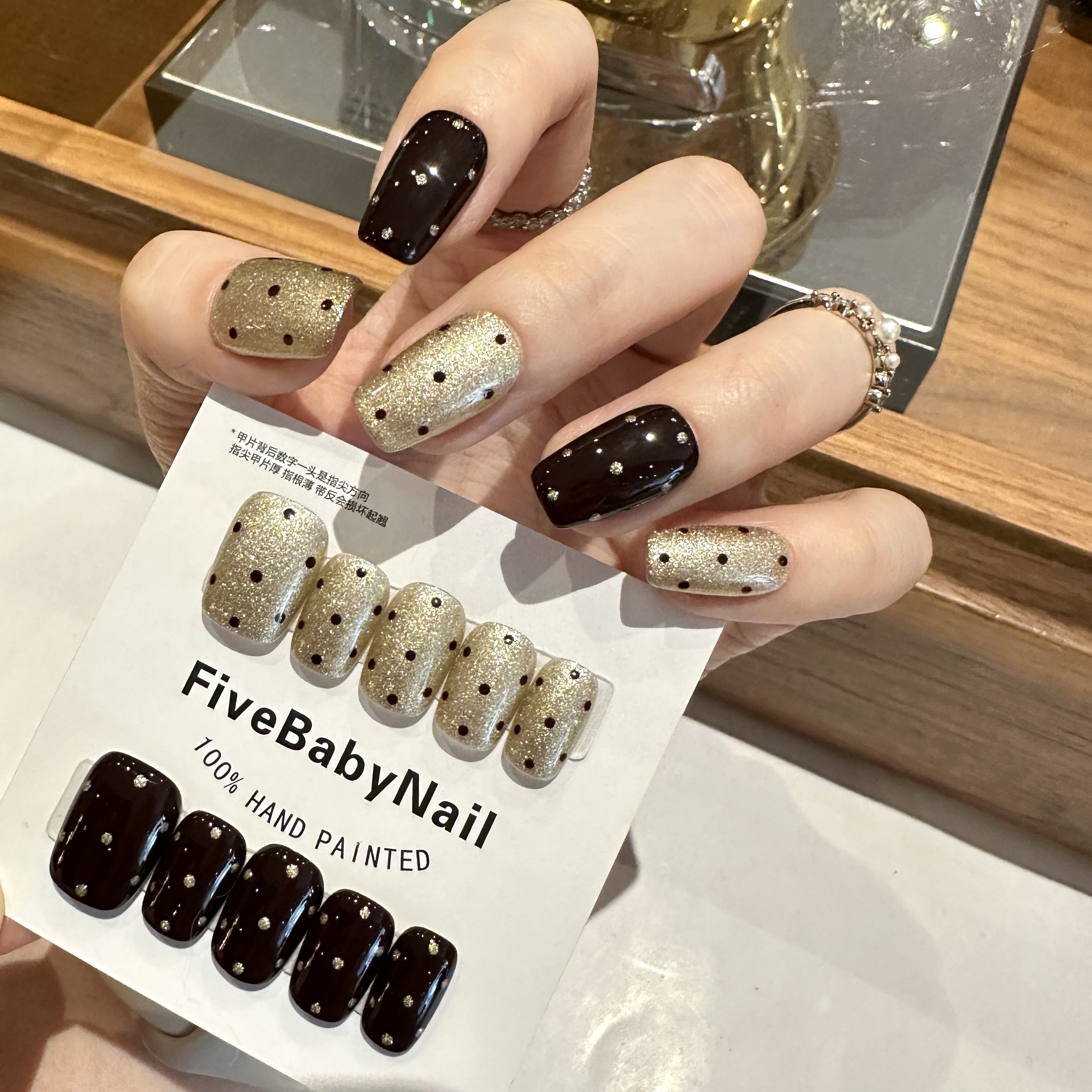 【鎏金晚会】FIVEBABY纯手工超闪金棕配色波点复古气质款时尚穿戴甲