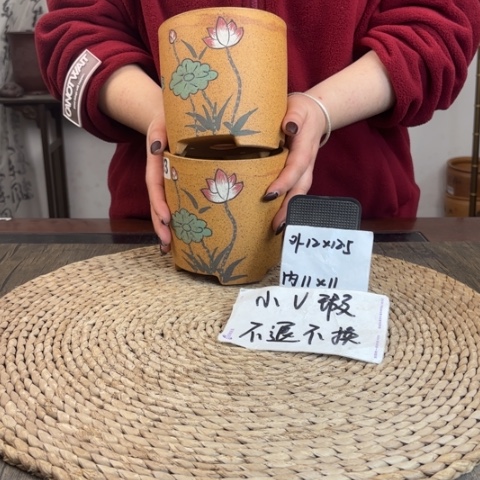 紫砂花盆微瑕柴烧手绘直筒两只593