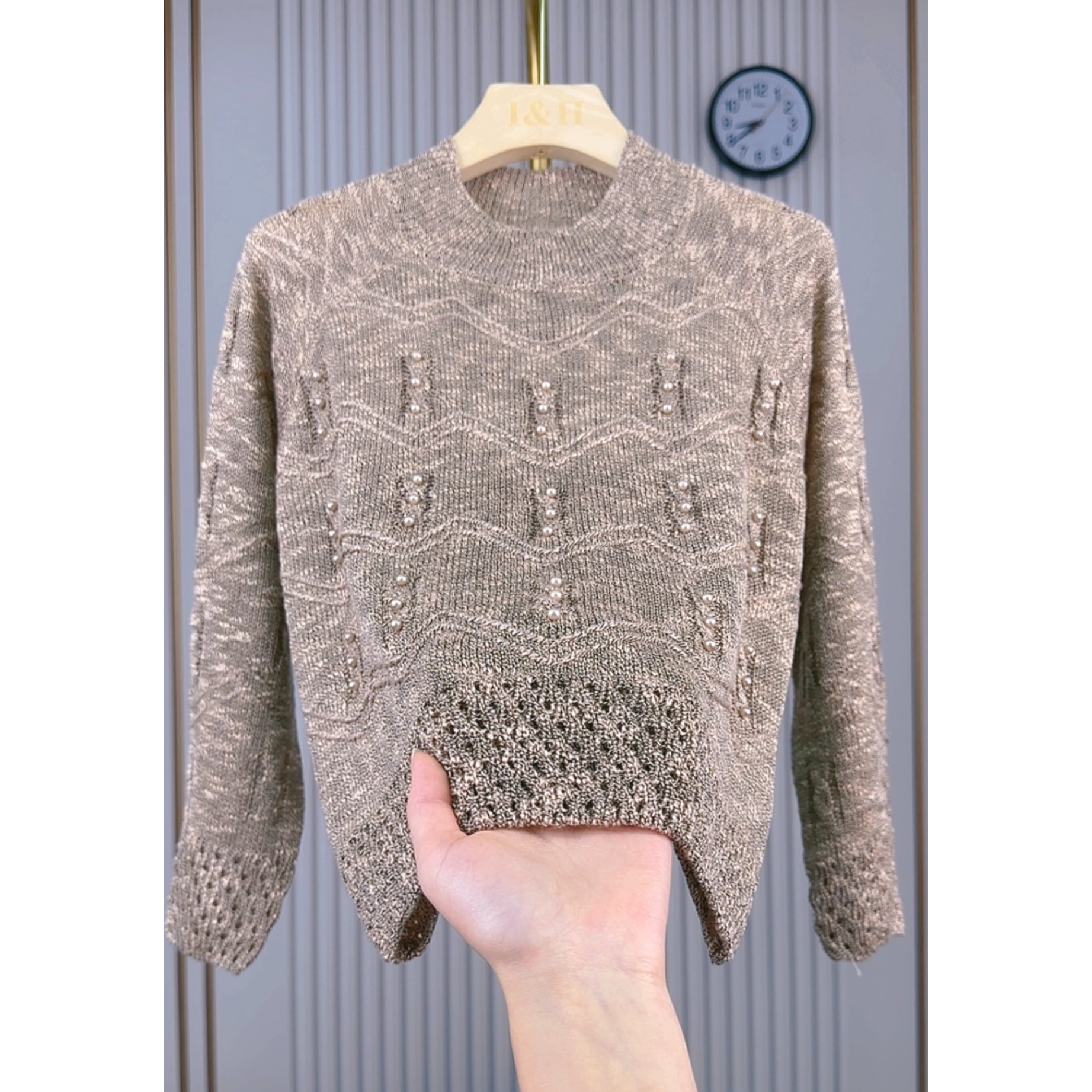 2025冬季新款手工钉珠圆领套头上衣气质减龄提花长袖针织衫女8421