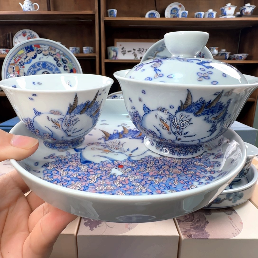 景德镇手绘青花斗彩夫诸套装