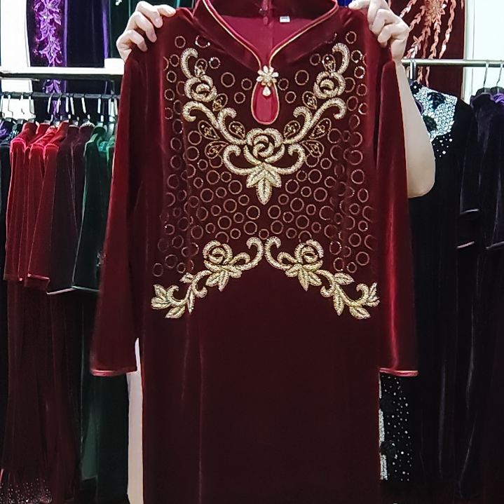 酒红色金丝绒重工中款旗袍5XL150-170内胸122腰112
