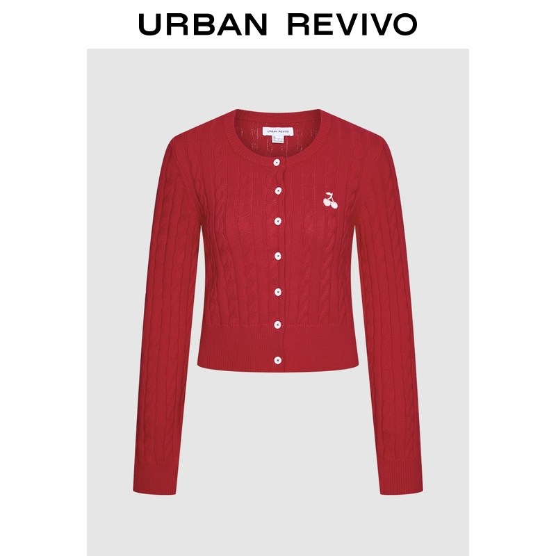 UR2026春季新款女装休闲樱桃刺绣绞花短款针织开衫UYY960011