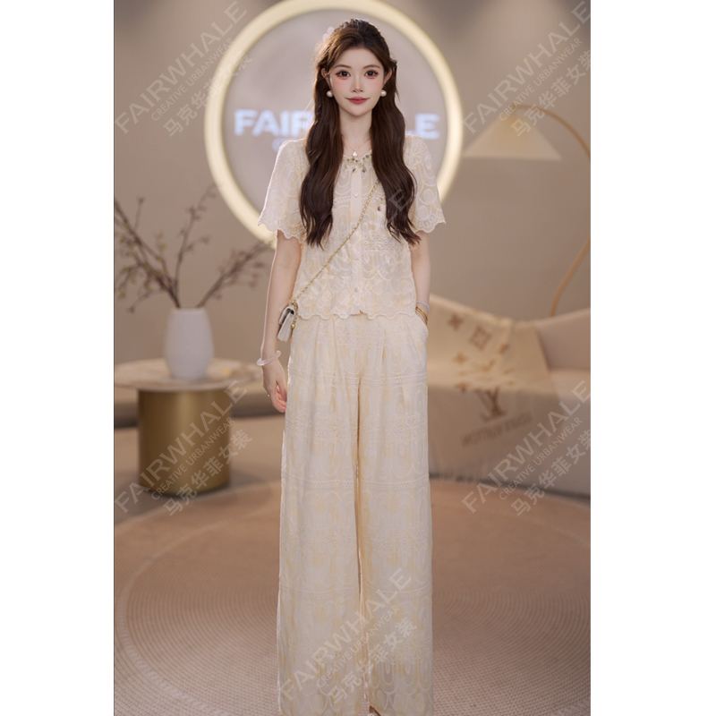 【套装】马克华菲女装法式新中式套装气质蕾丝小衫休闲裤两件套 X