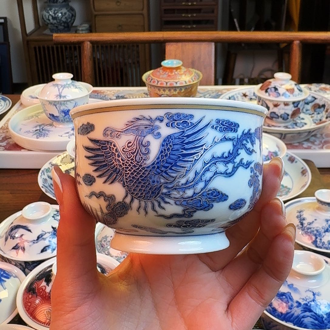 杯重工五凤描金银点工炉式杯纯手绘