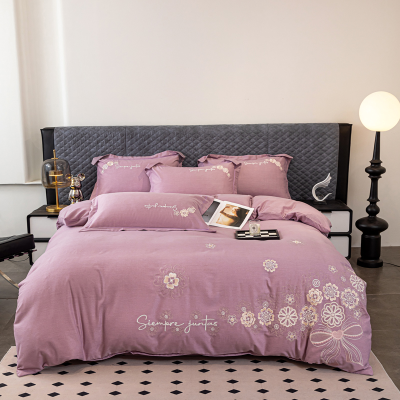 高端超柔精工刺绣纯棉磨毛四件套-情人结/紫/礼包装