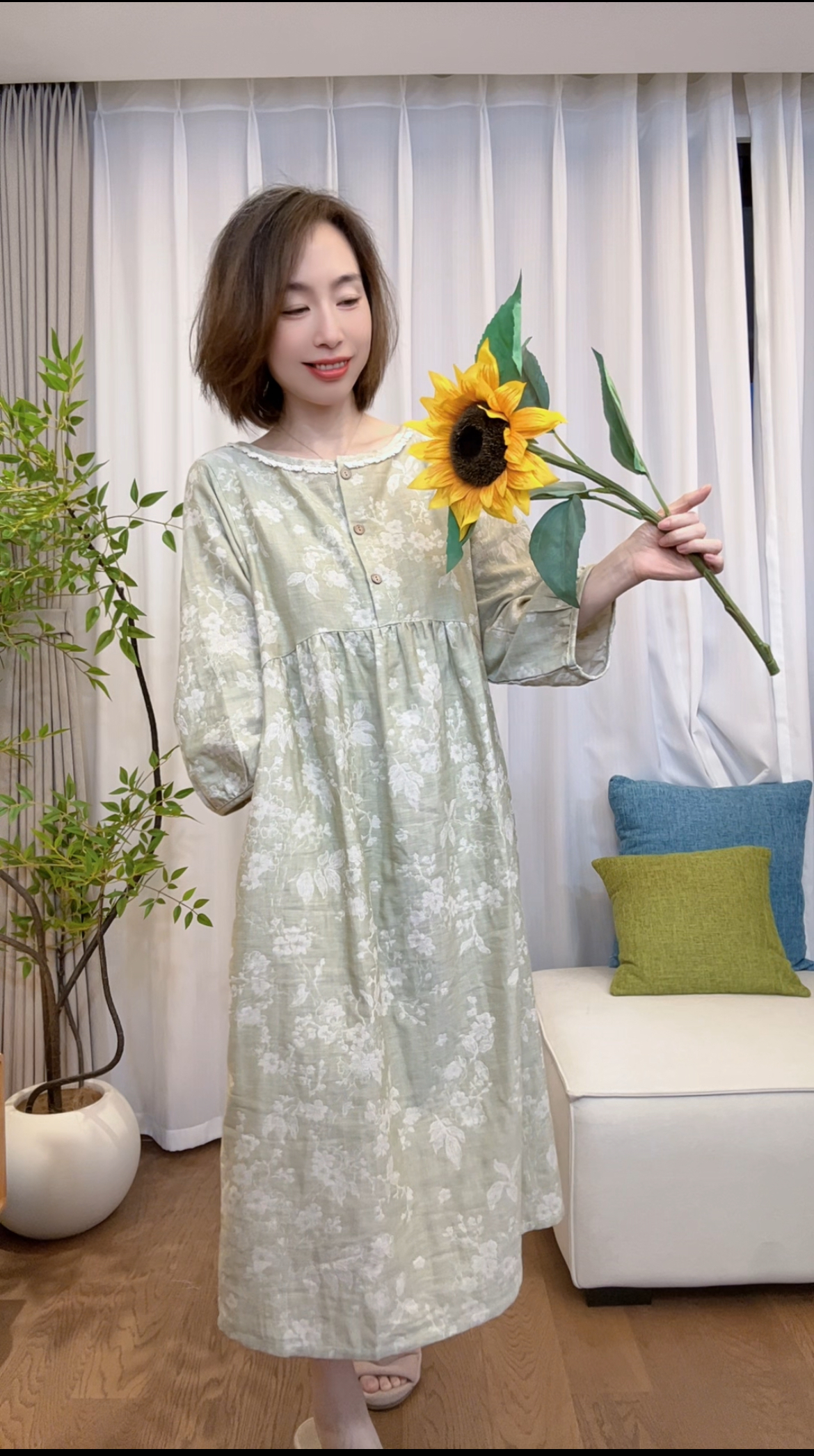 『栀柔』棉麻薄款七分袖睡裙家居服裙子MY0149