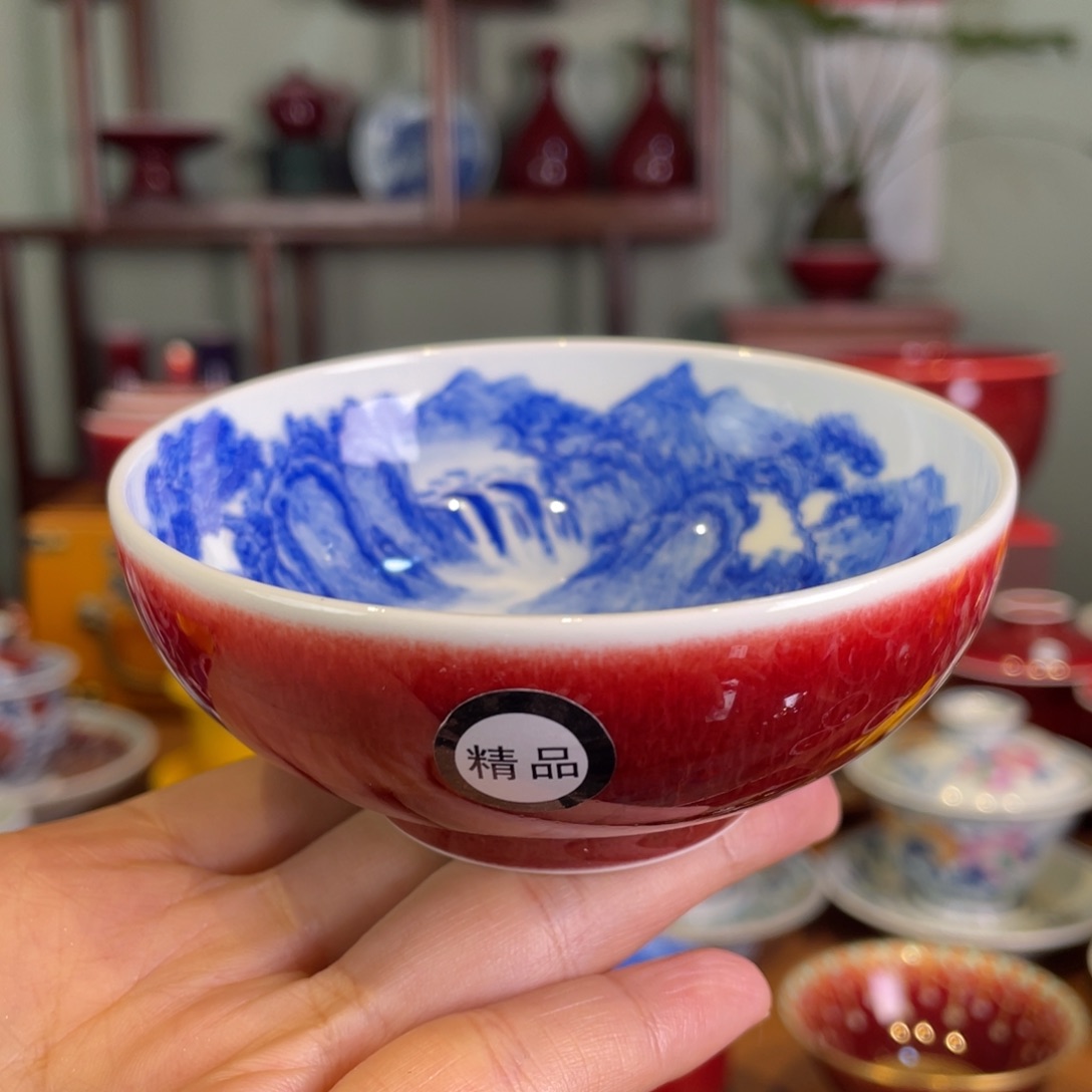 清欢雅玩原矿郎红精品内绘山水普洱杯