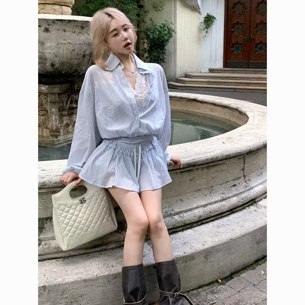 【冰蓝荔夏】美式辣妹显瘦法式条纹气质短款衬衫 +A字伞裙套装
