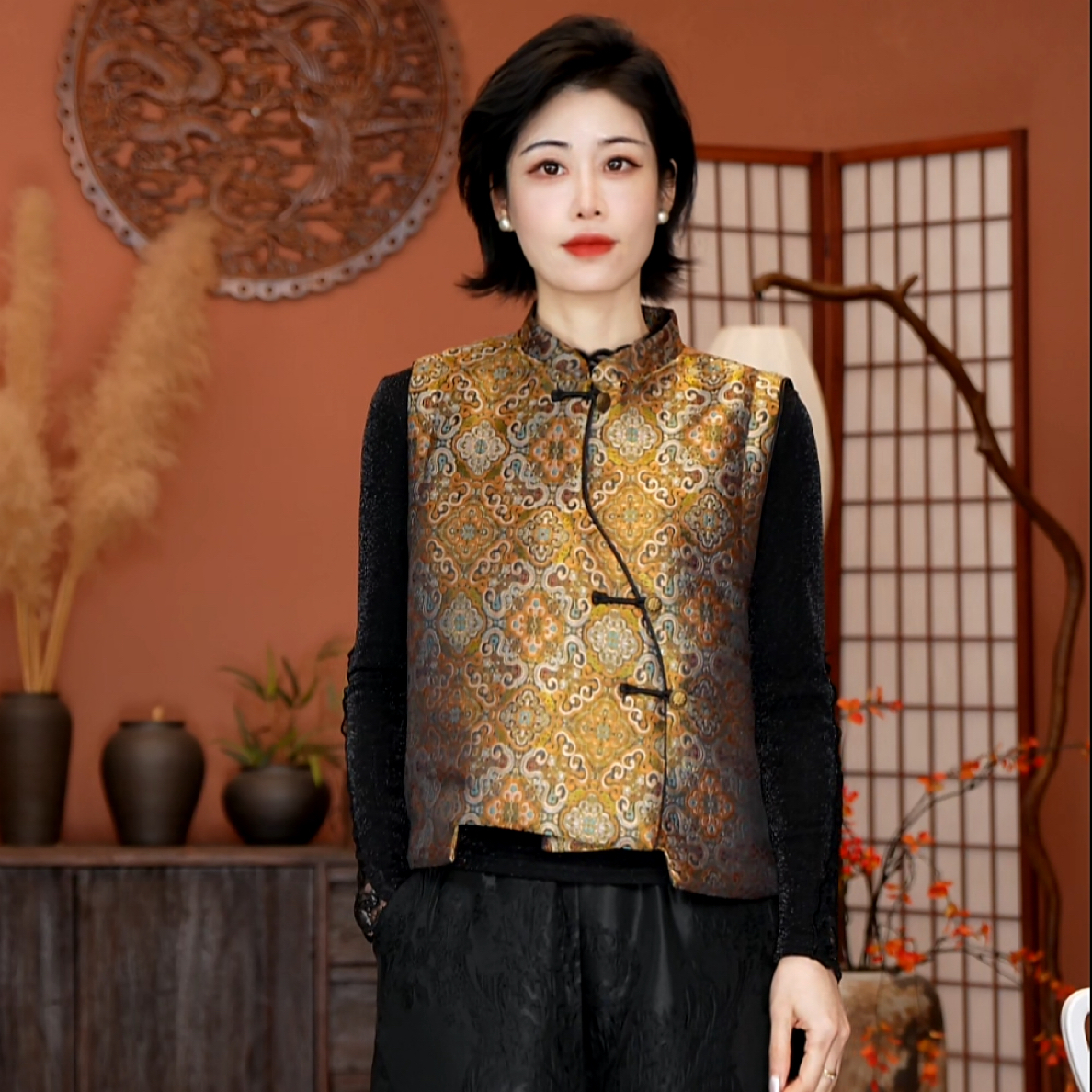 【静哚】新中式国风锦缎铜扣加棉气质百搭冬季棉马甲