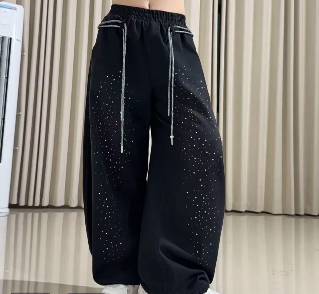 联盟2616烫钻弯刀抽绳牛仔裤