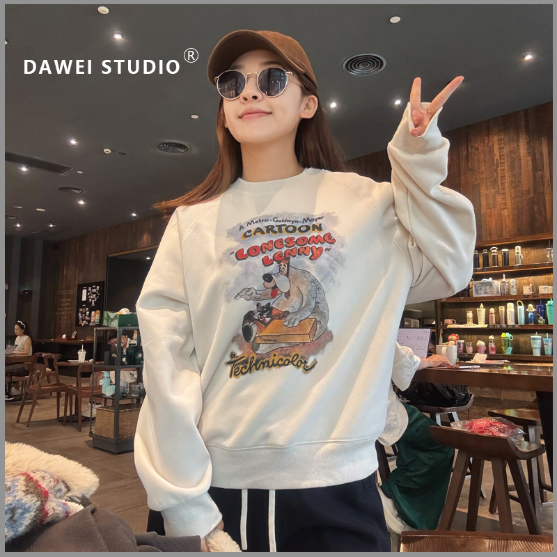 秋冬韩版圆领印花加绒卫衣上衣宽松百搭休闲运动长袖ins设计感