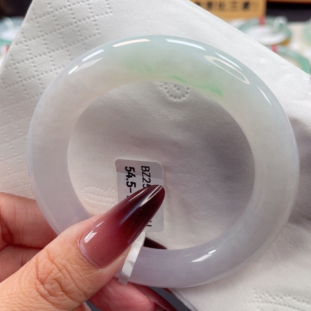 未镶嵌手镯翡翠14号54.5糯冰起胶粉白胖圆飘金丝绿