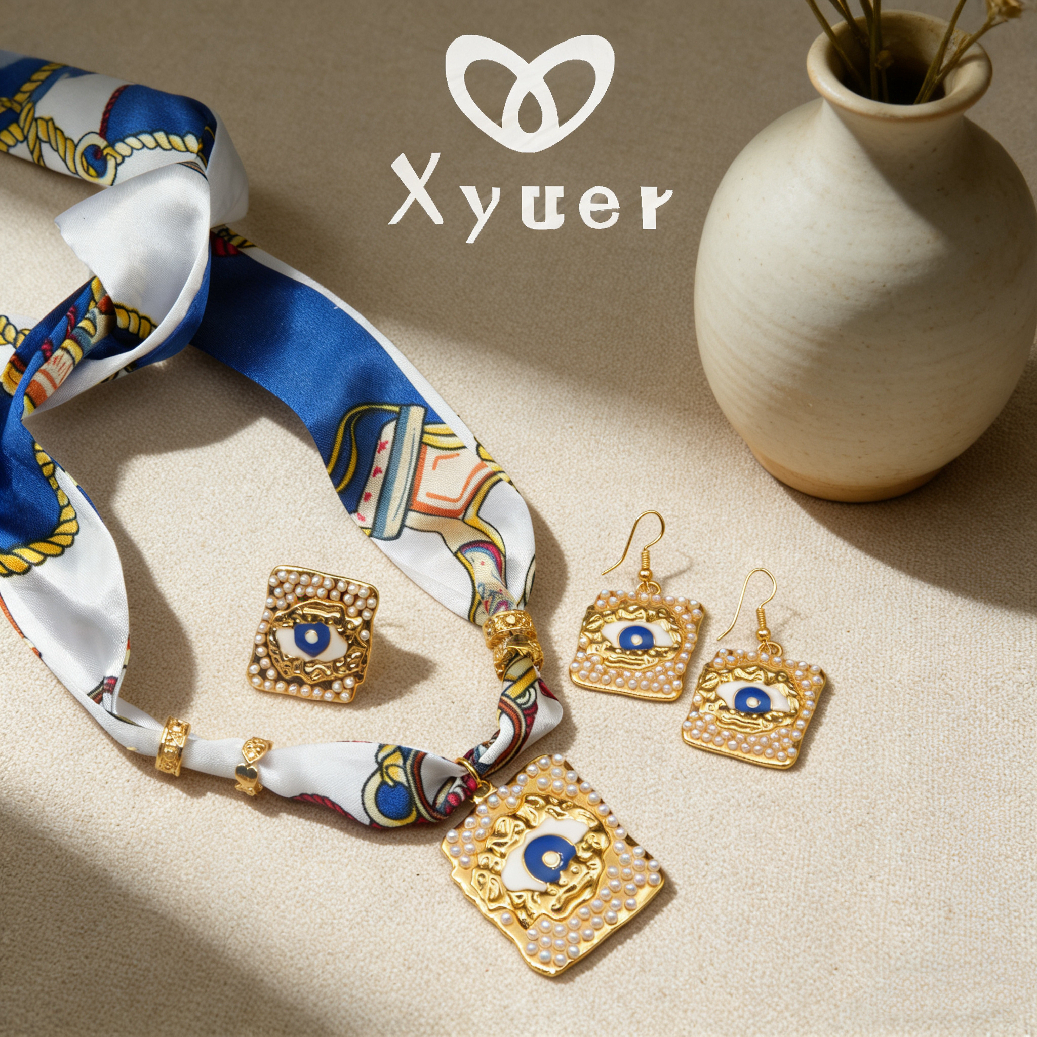 铜合金布艺项链 铜合金布艺褶皱丝巾缠绕开口法式复古首饰套装