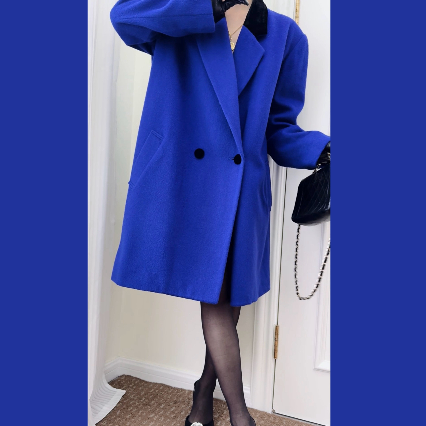 古着vintage｜宝蓝色宽松百搭中长款毛呢大衣女秋冬
