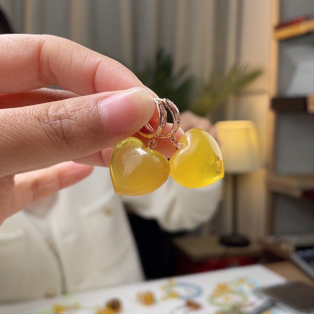 蜜蜡裸石银S925镀金镶嵌蜜蜡耳环