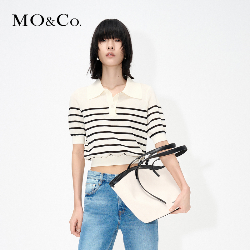 【赵老板专属】MOCO夏POLO领黑白条纹短袖针织衫MBC2SWT018