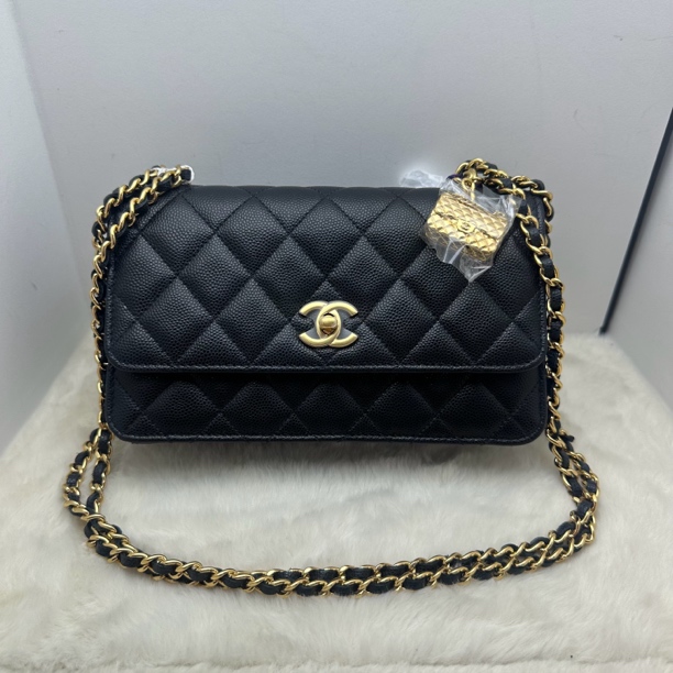 99新 Chanel/香奈儿 23s黑金cf吊坠风琴包腋下包