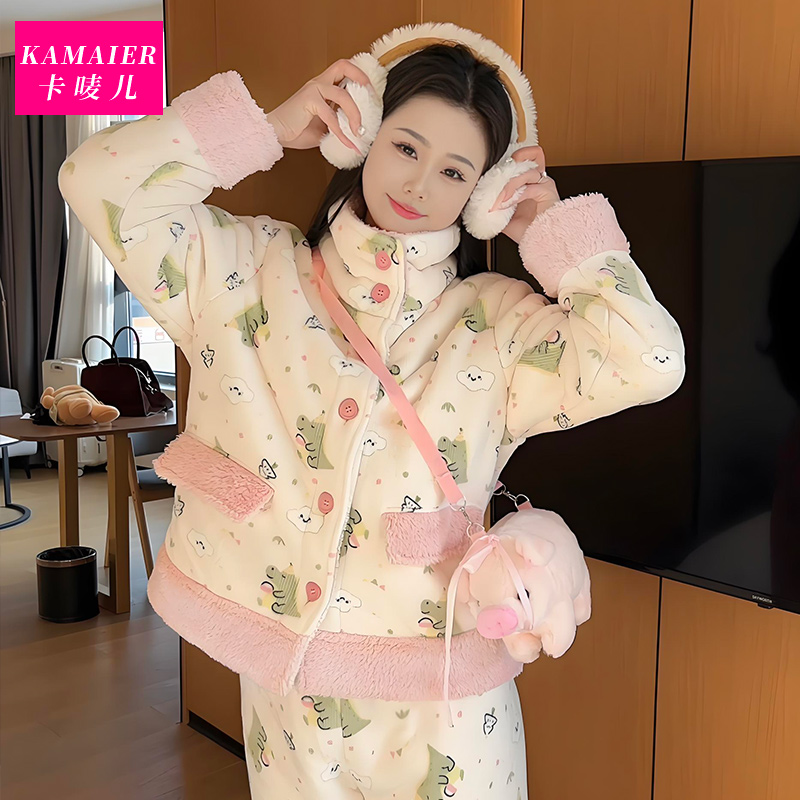 （甜妹龙）睡衣女冬季加厚保暖可爱精气质毛绒绒高领家居服可外穿
